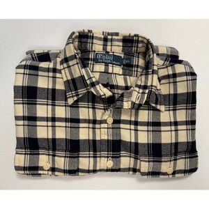 Polo Ralph Lauren Flannel Shirt XL Plaid Suede Elbow Patches Vintage Y2K Cream